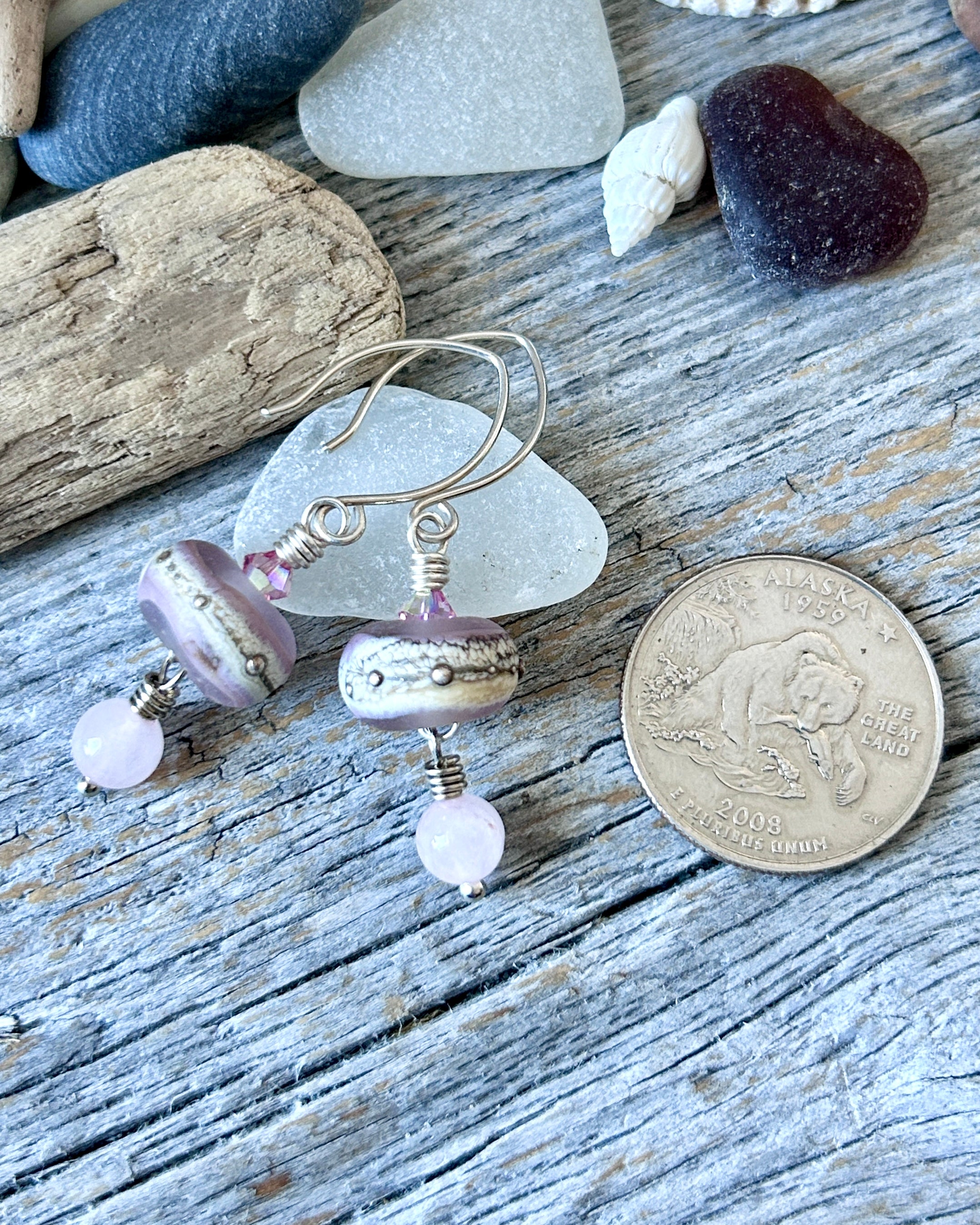 #1205 907 lmm Pink and silver hand blown bliss beads with rose quartz