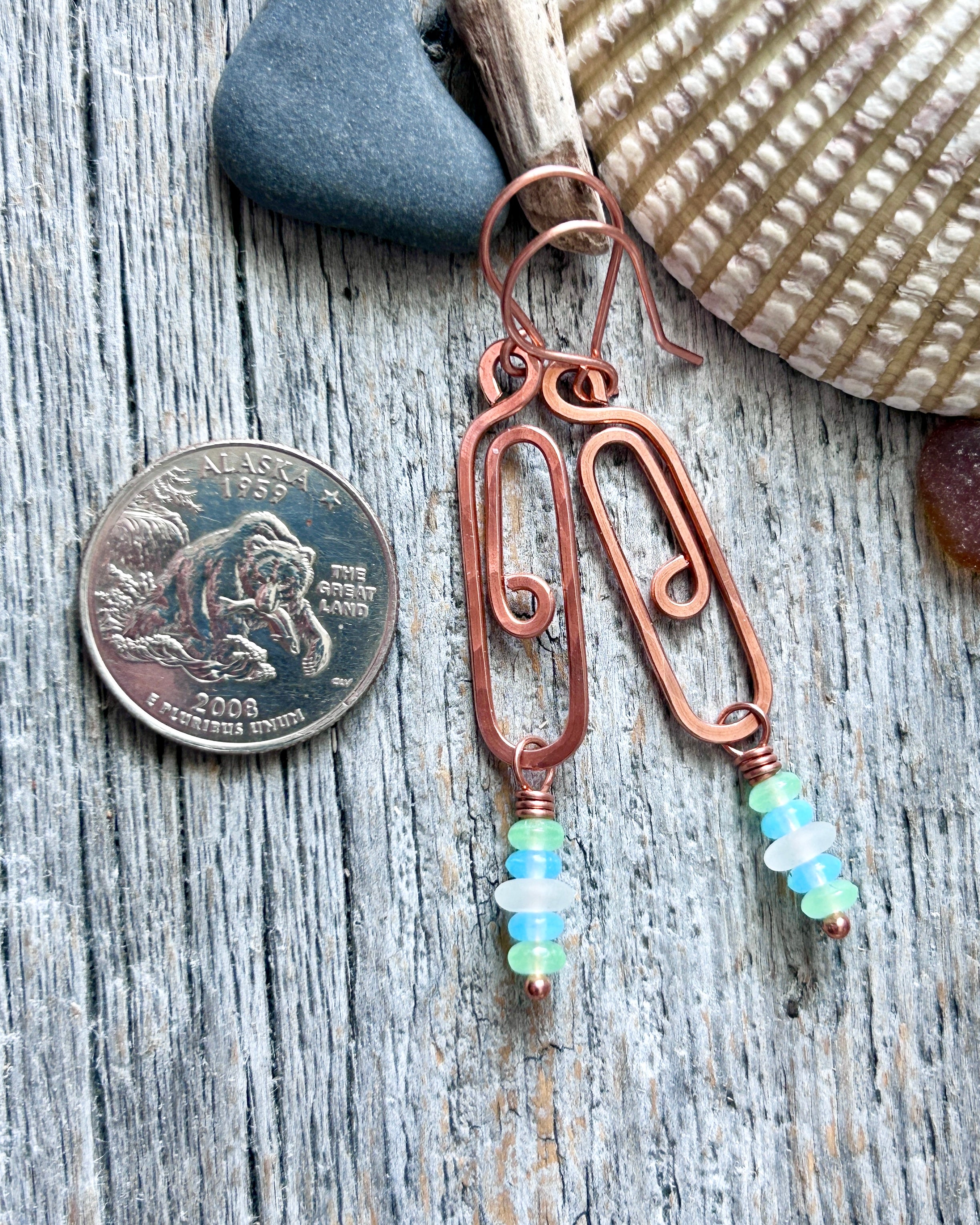#1217 907 lmm Copper paper clip ovals with blue and green beads