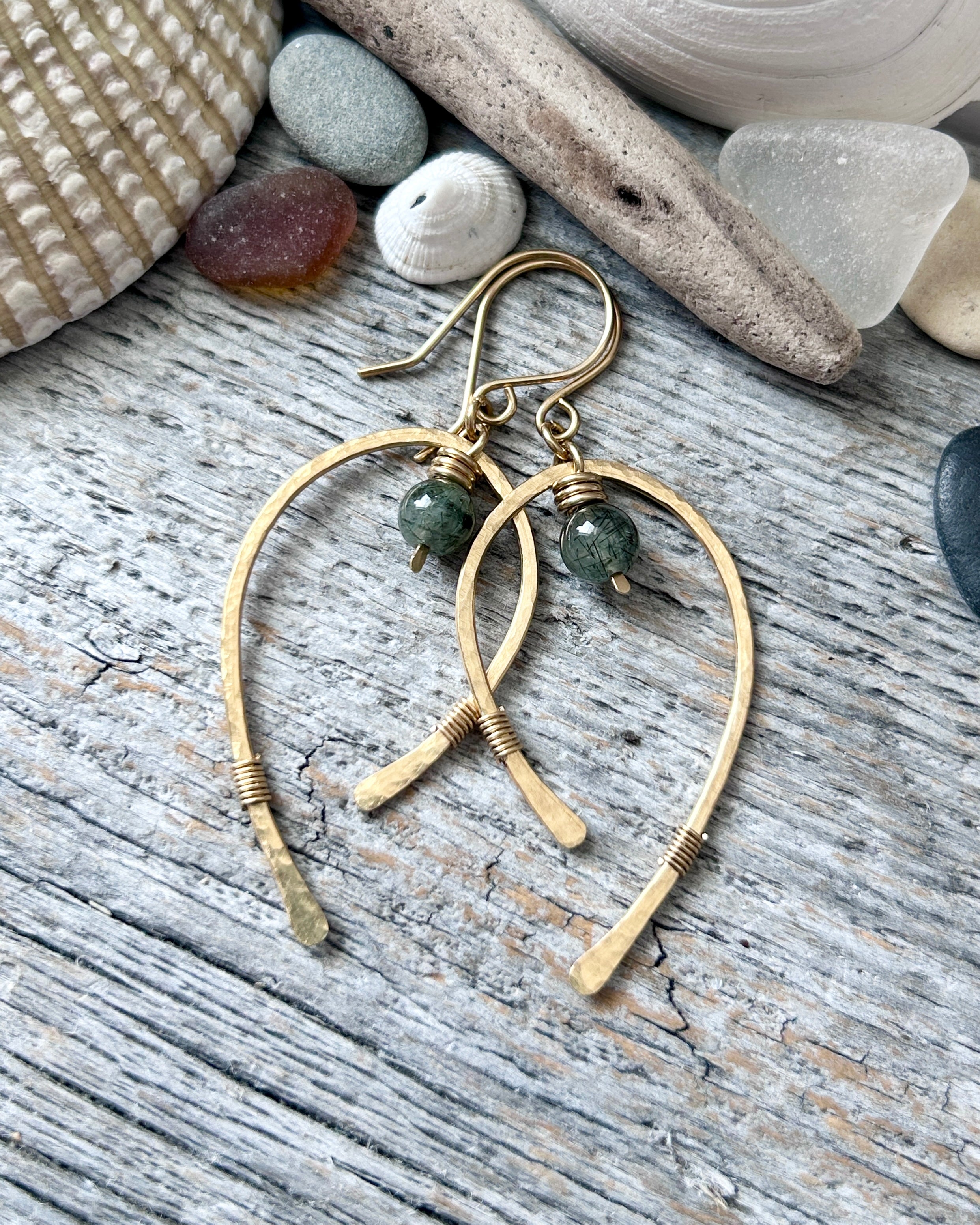 #1223 907 lmm Brass round arches with green tourmaline