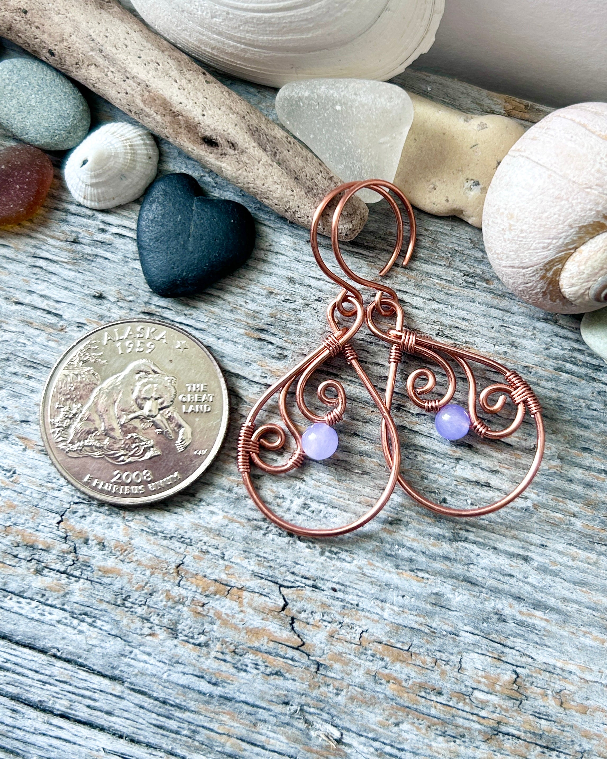 #1225 907 lmm Copper swirly teardrop earrings w/ purple beads