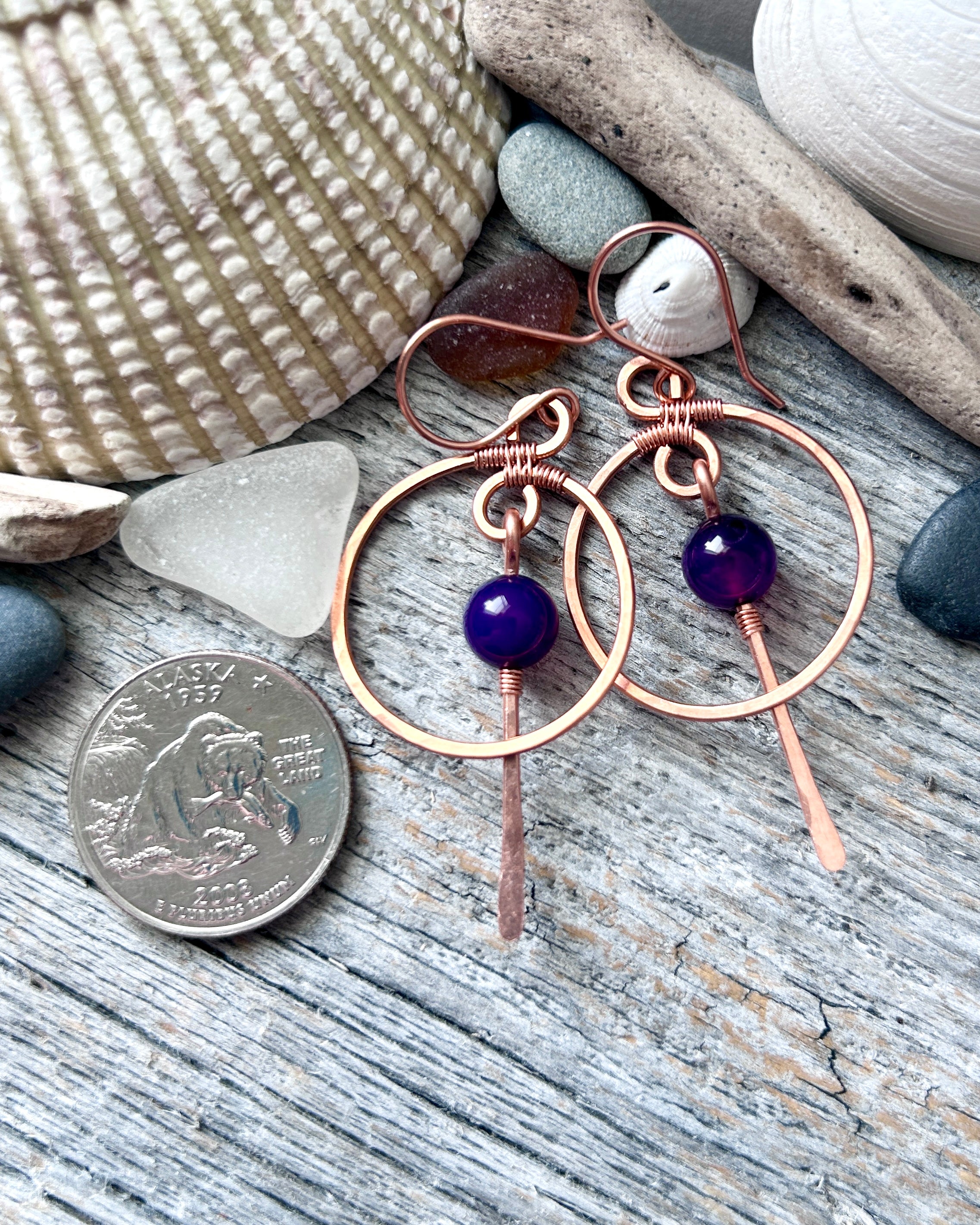 #1228 907 lmm Copper hoops with paddles and purple agate