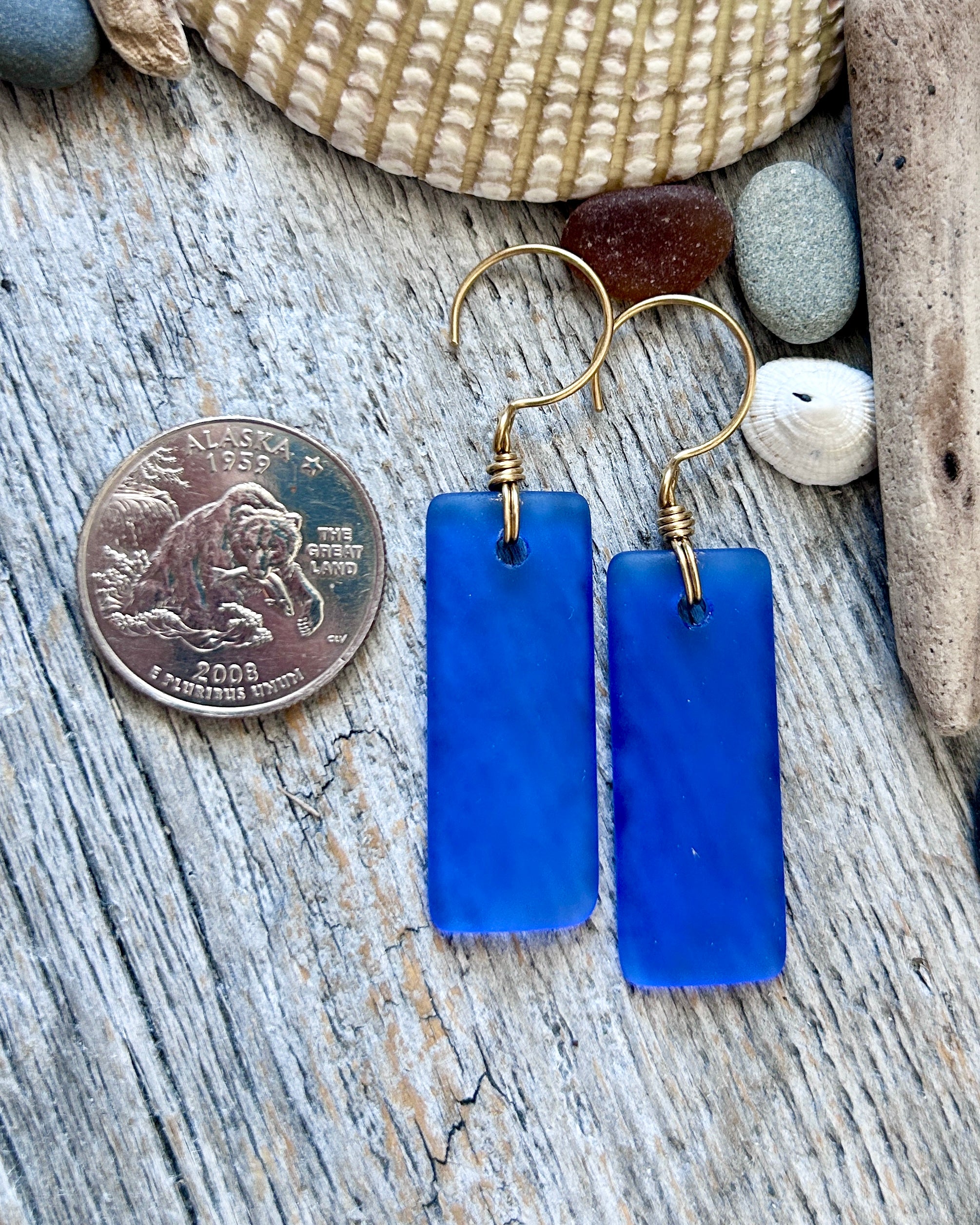 #1238 907 lmm Blue rectangle frosted glass earrings with brass ear wires