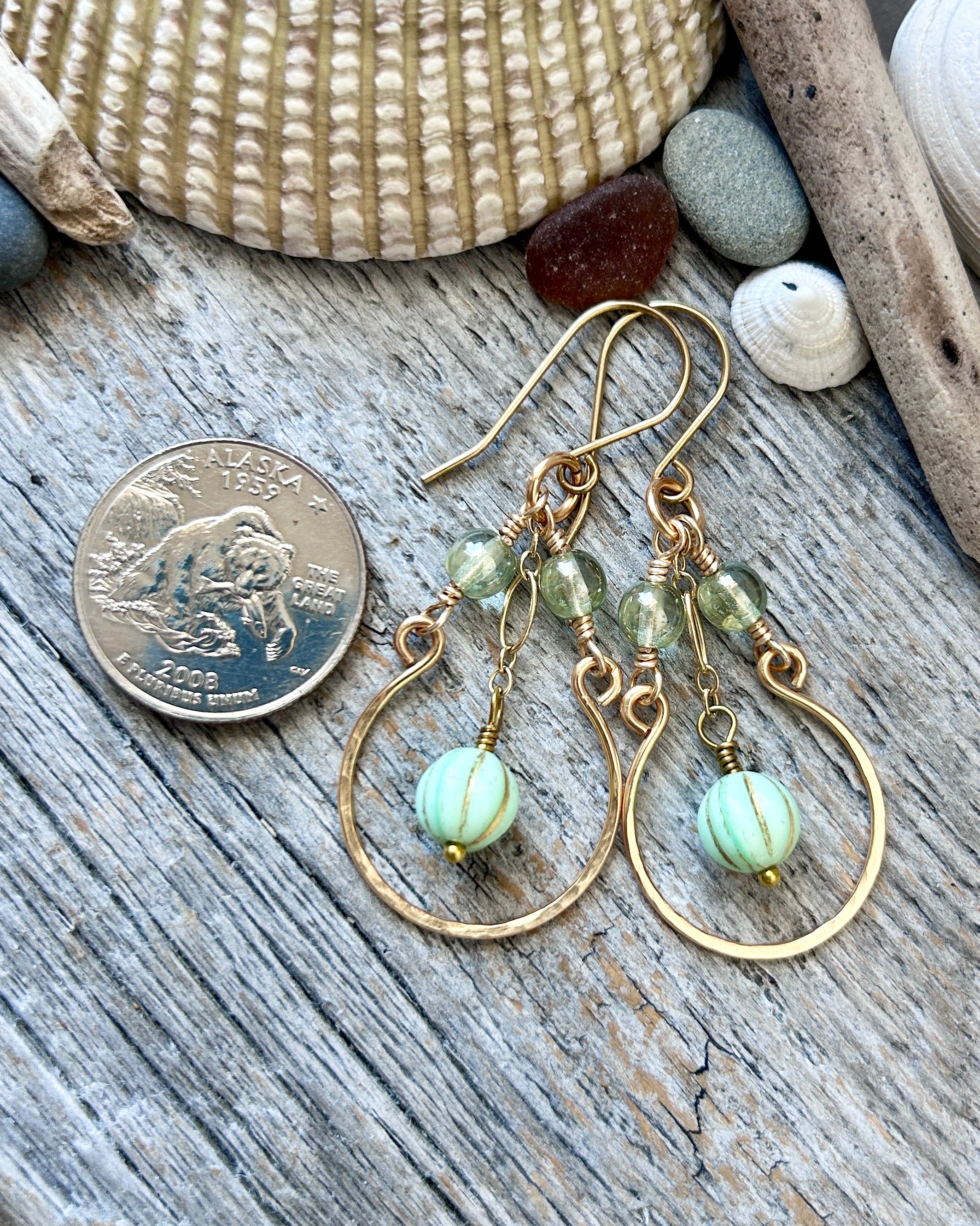 #1241 907 lmm Gold and green hoop earrings with brass