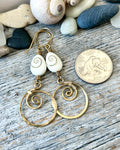 #1245 907 lmm Brass spirals with shell teardrops earrings