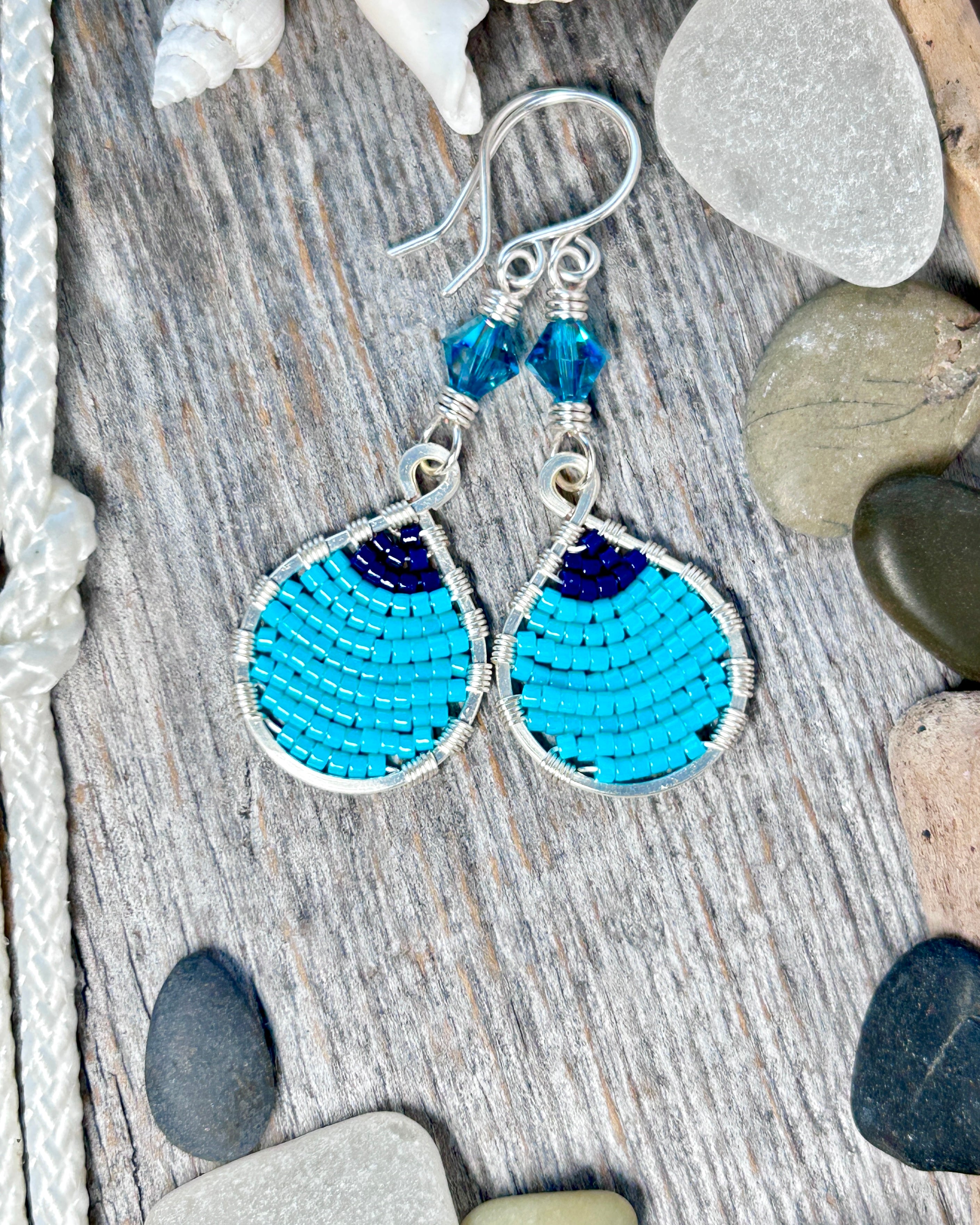 #1267 907 lmm Buoy Seed Bead, Small, Turquoise & Navy with Swarovski Crystals