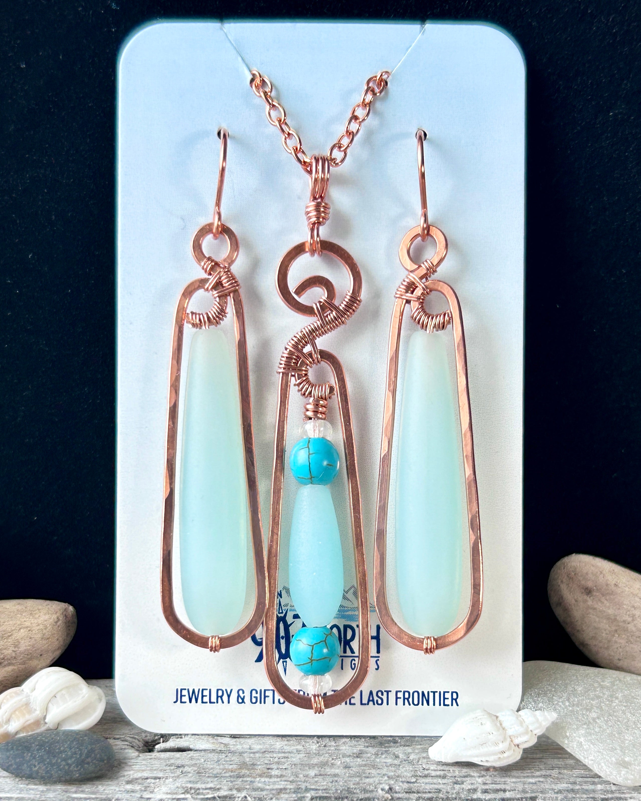#1248 Long Teardrop Light Aqua and Copper Necklace & Earring Set