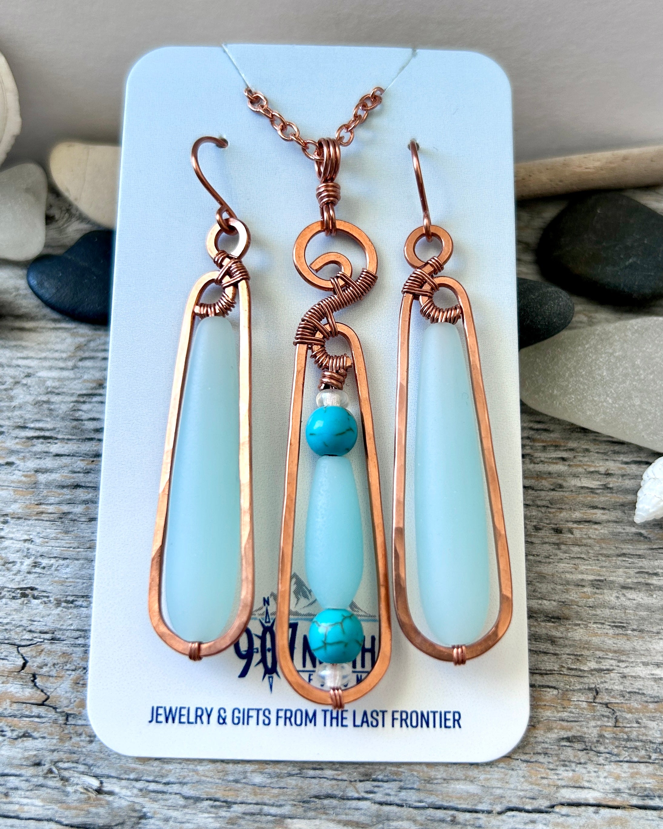 #1248 Long Teardrop Light Aqua and Copper Necklace & Earring Set