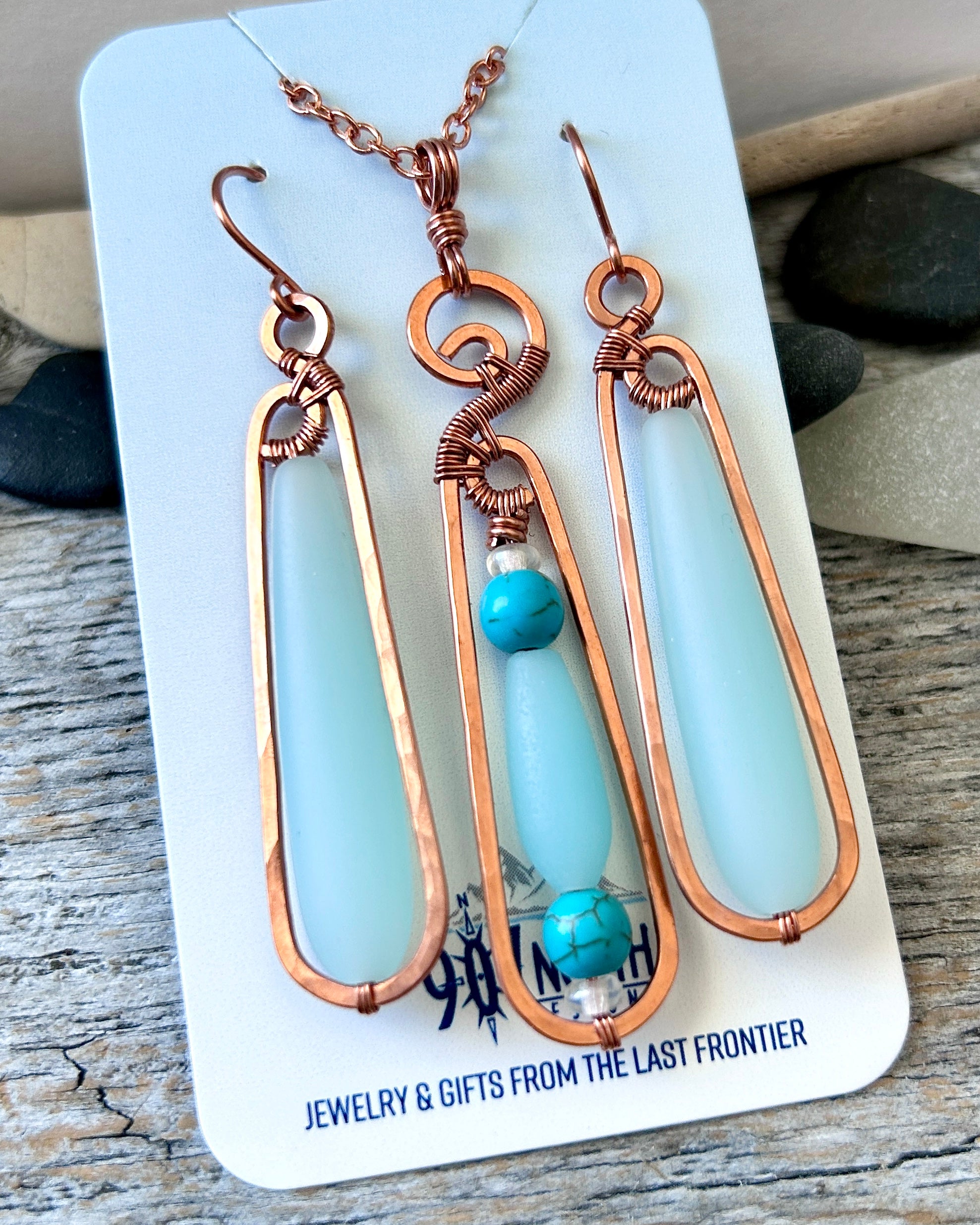 #1248 Long Teardrop Light Aqua and Copper Necklace & Earring Set