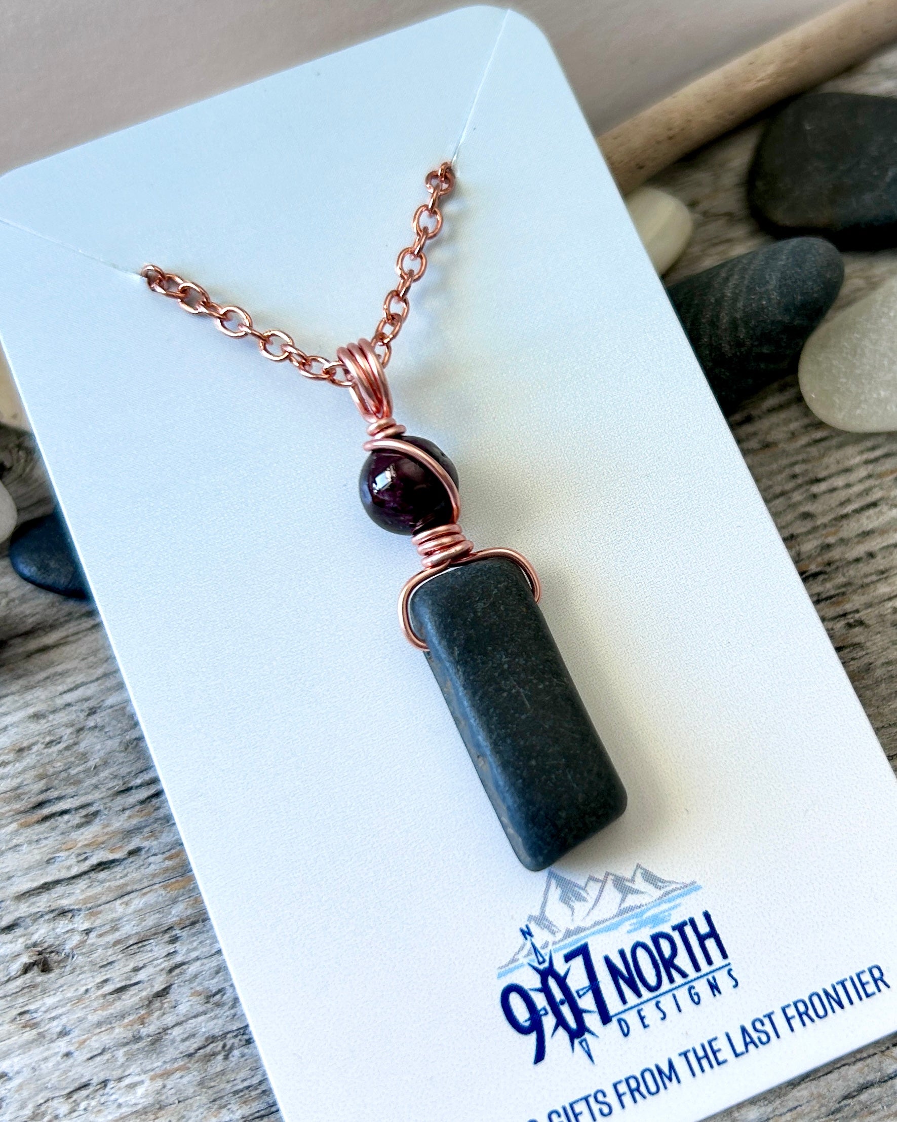 #1250 Skilak Lake Stone with Garnet and Copper Necklace