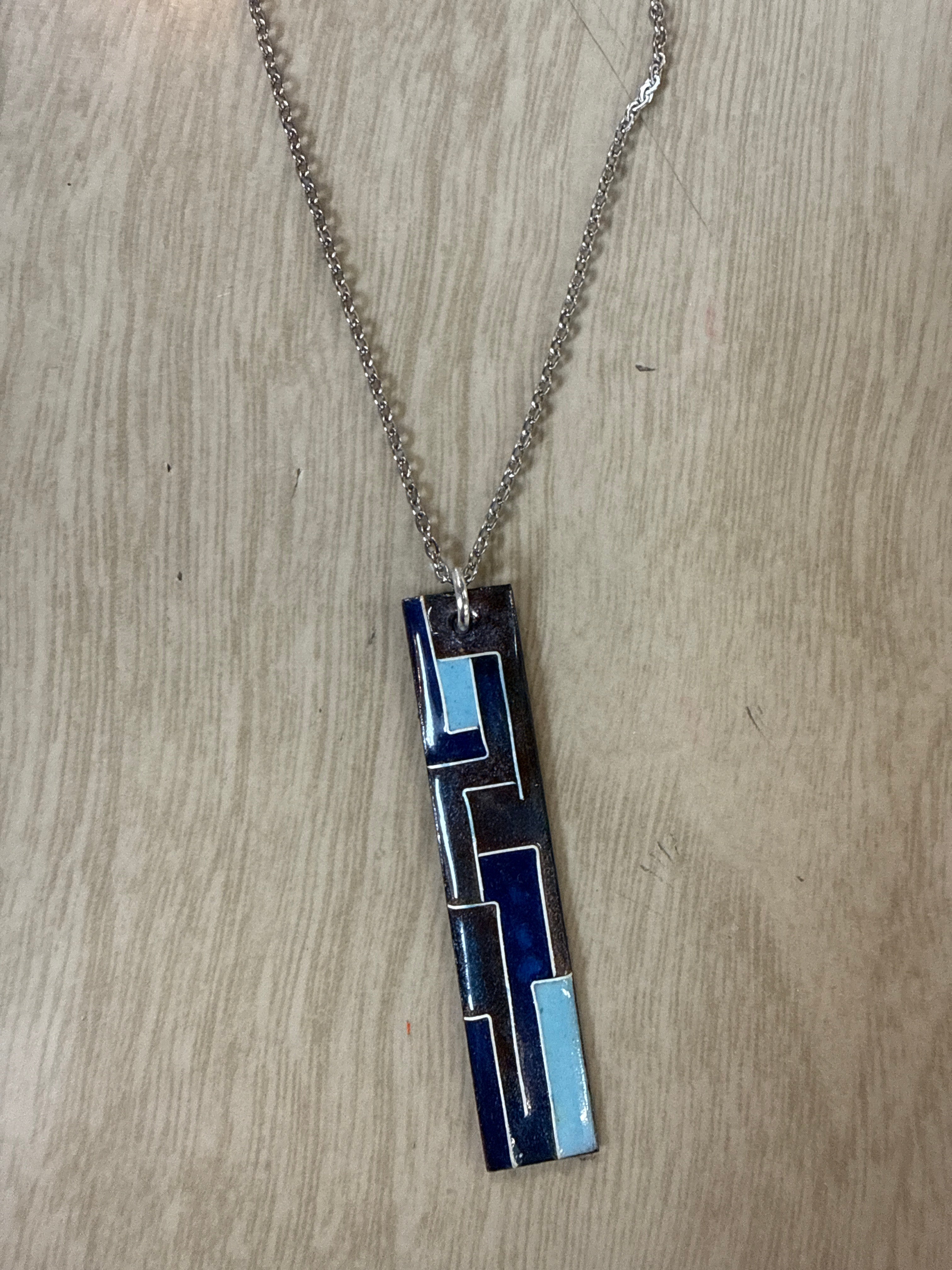 Necklace: Blue Tones Rectangle Abstract Pendant