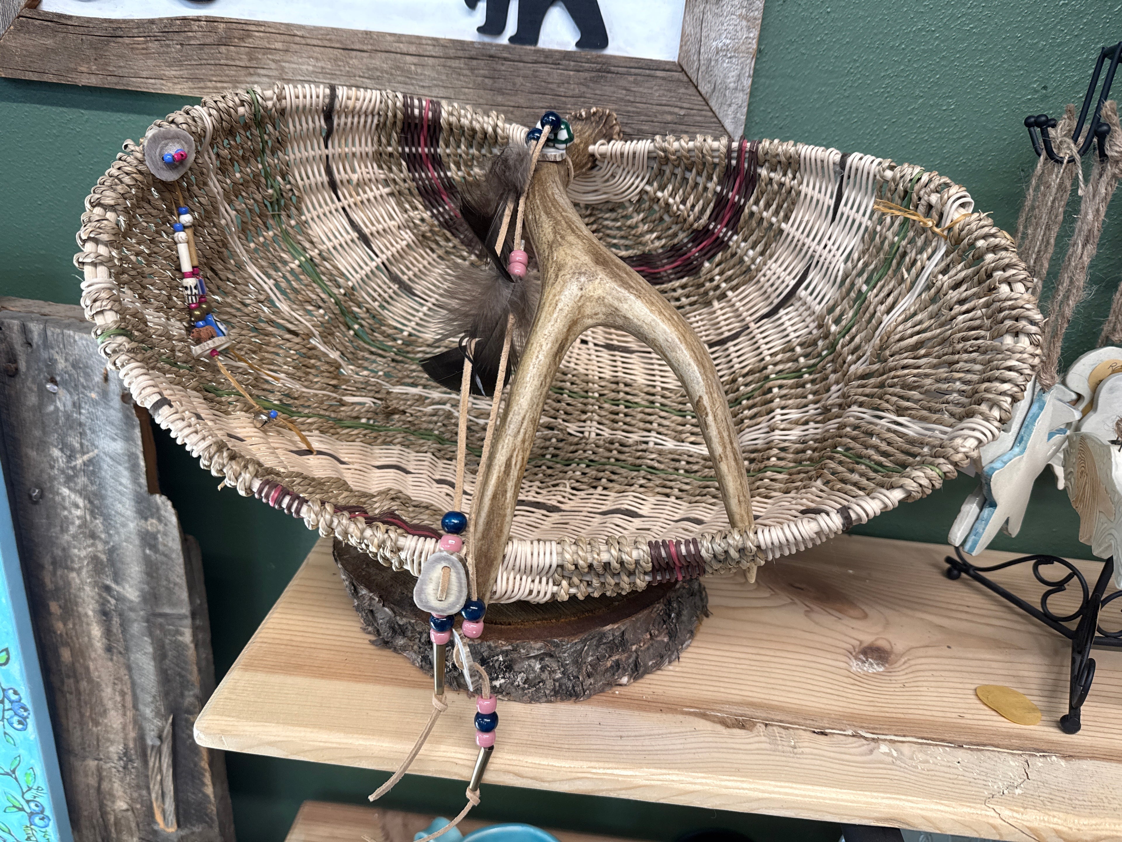 Hand Woven Basket with Moose Antler