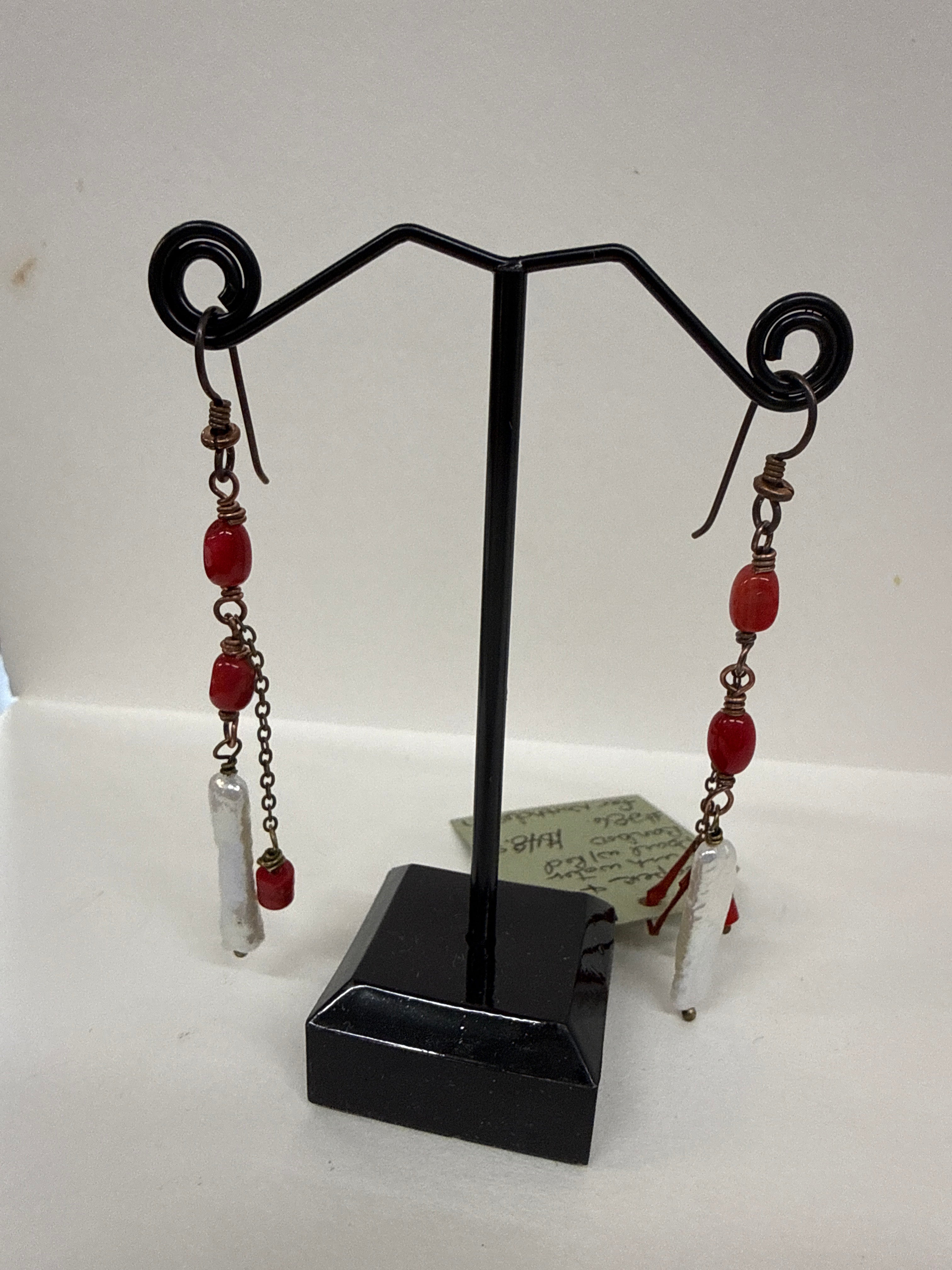 #286 Copper and Red Bamboo with Fresh Water Pearls Earrings