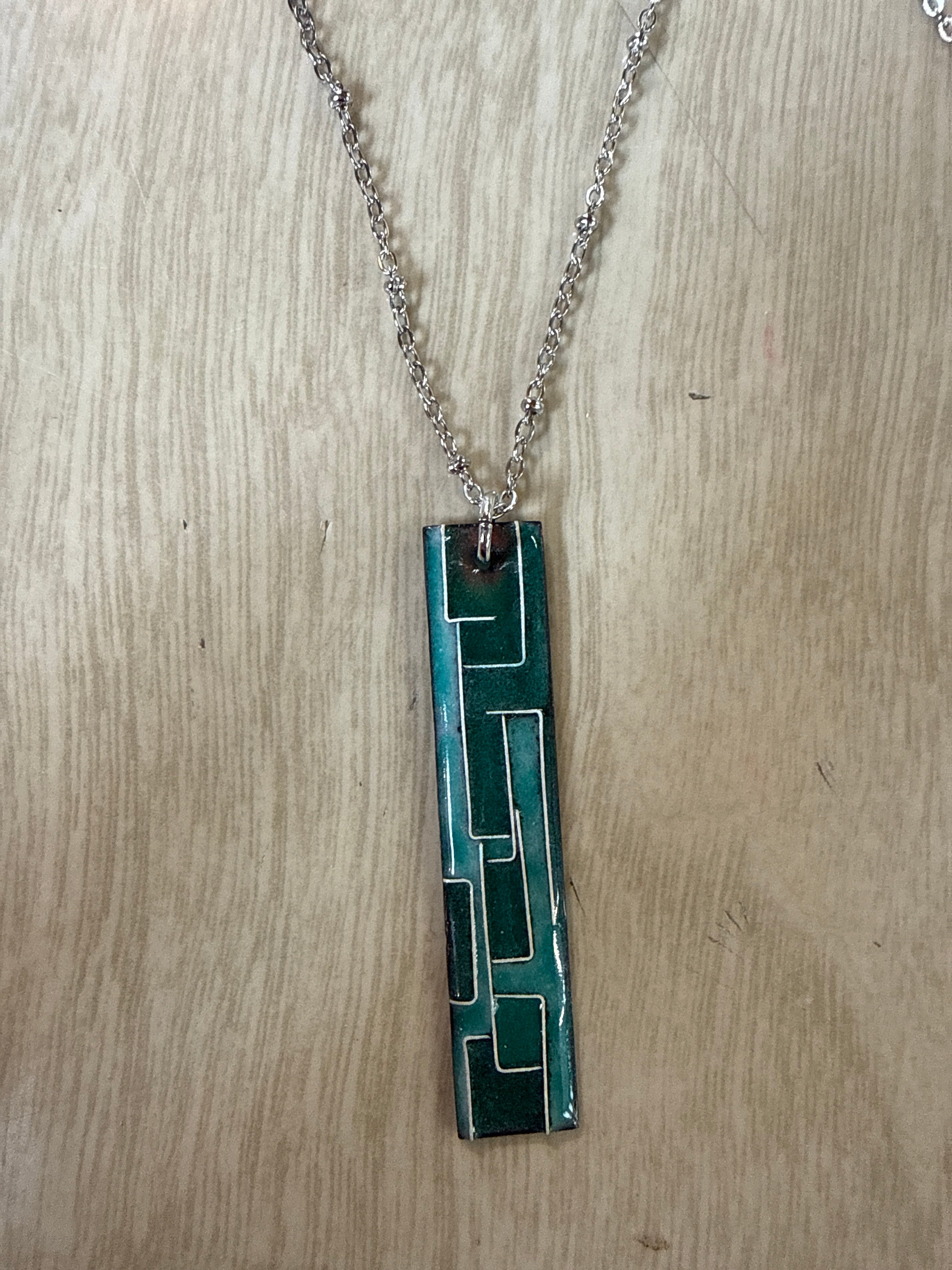 Necklace: Teal Tones Rectangle Abstract Pendant