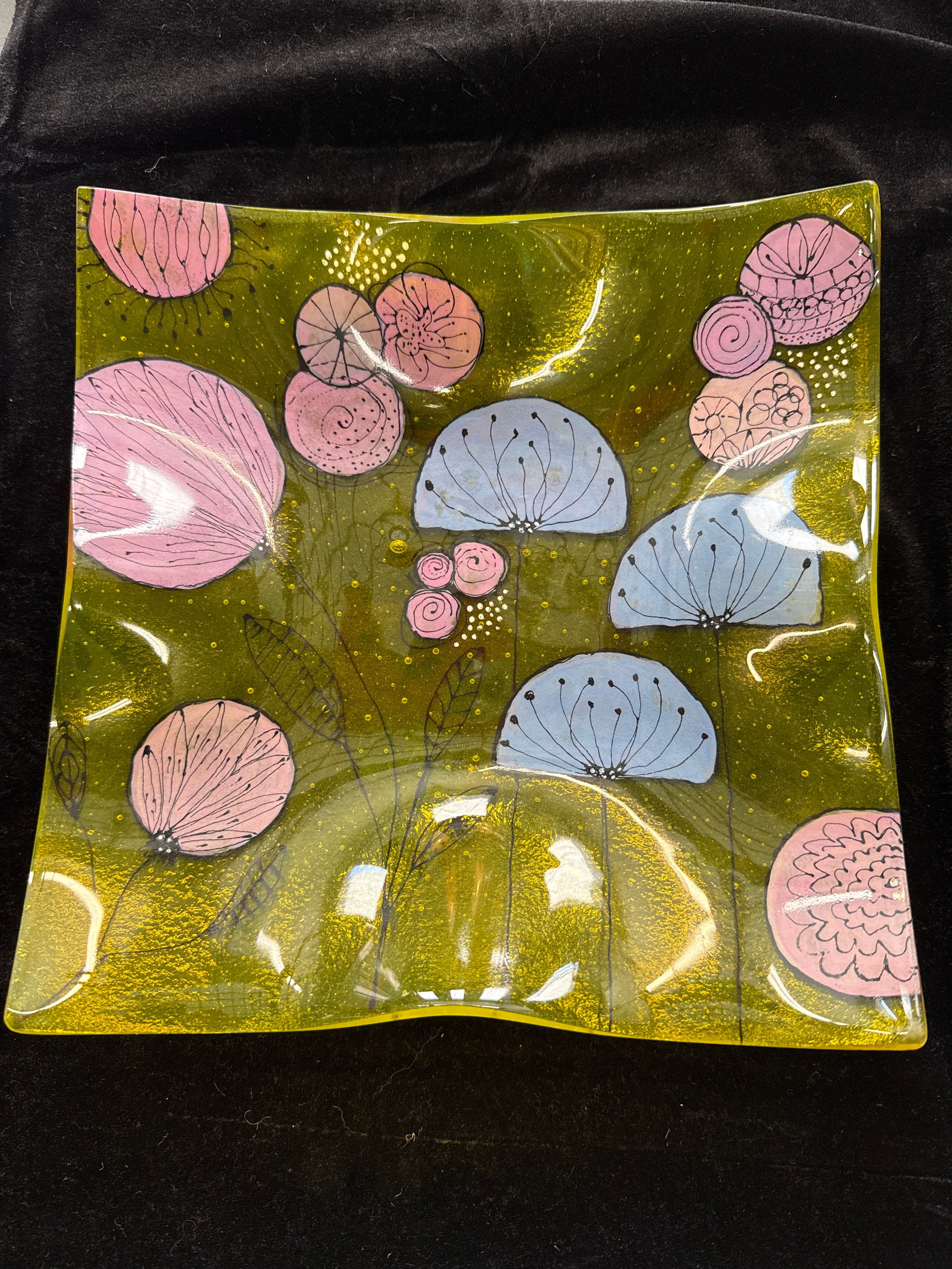#265 doodle lavender on yellow trees glass plate