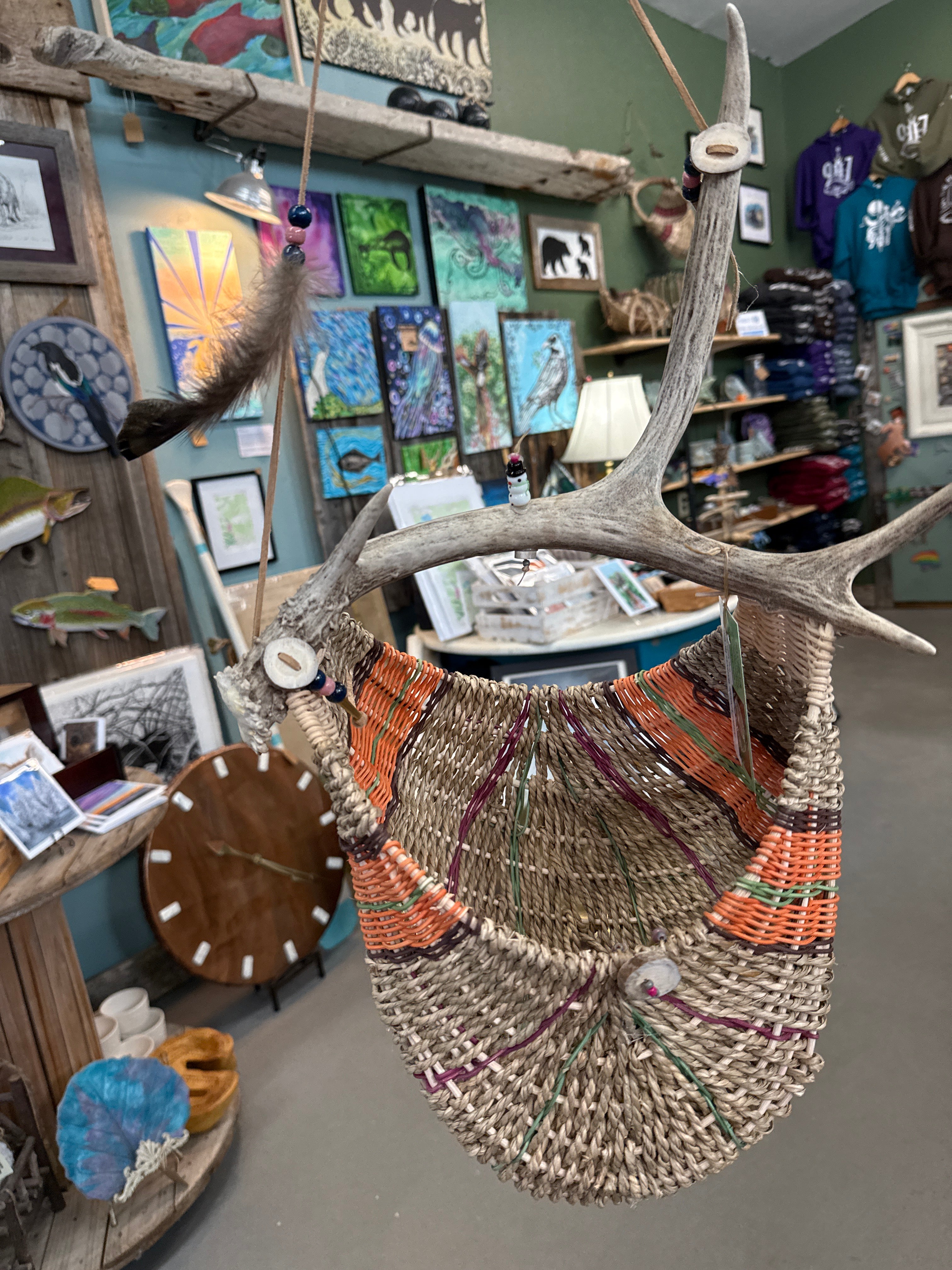 Hand Woven Basket with Moose Antler