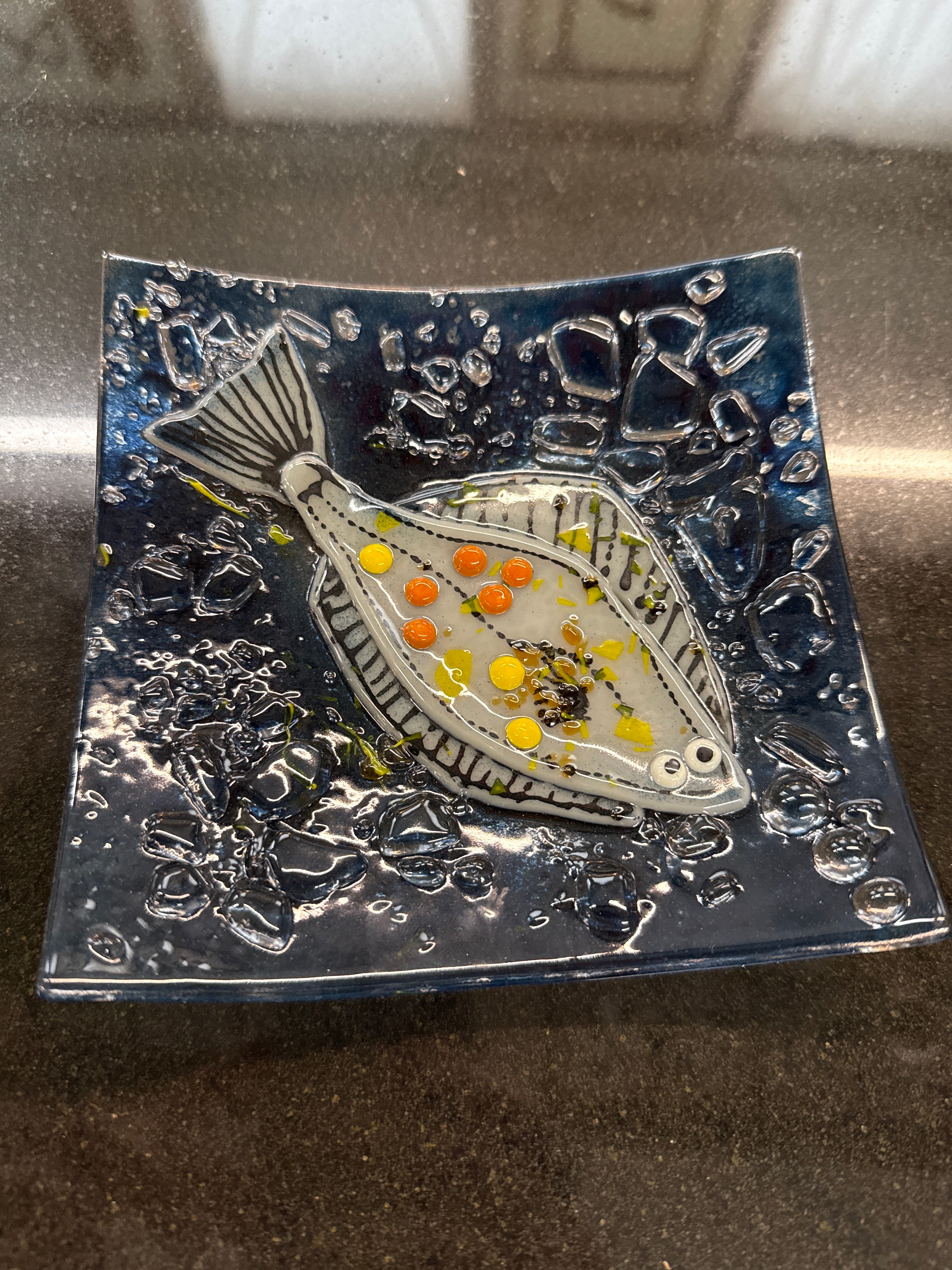 #347 glass dish with Blue Halibut