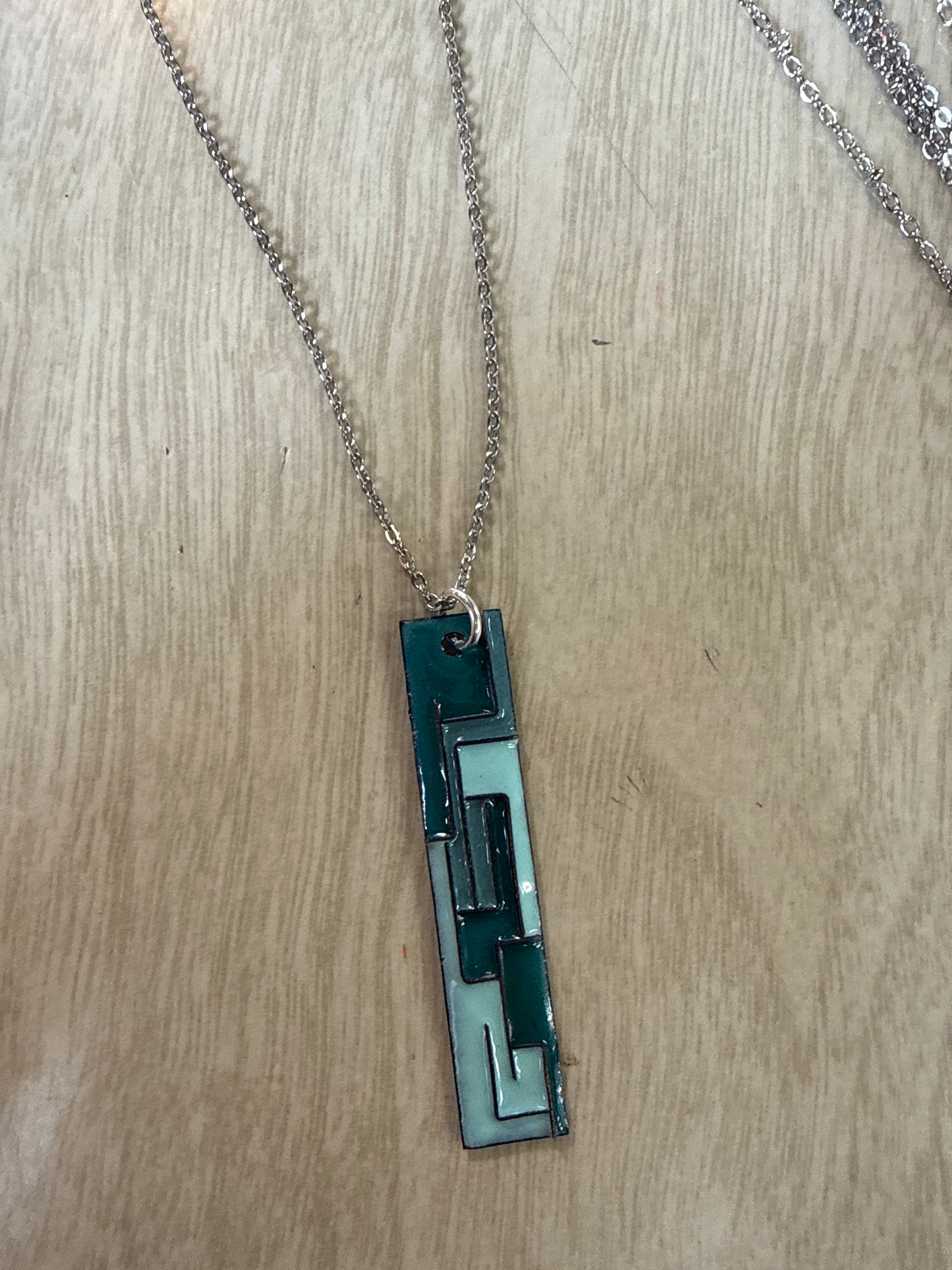 Necklace: Teal Tones Rectangle Abstract Pendant