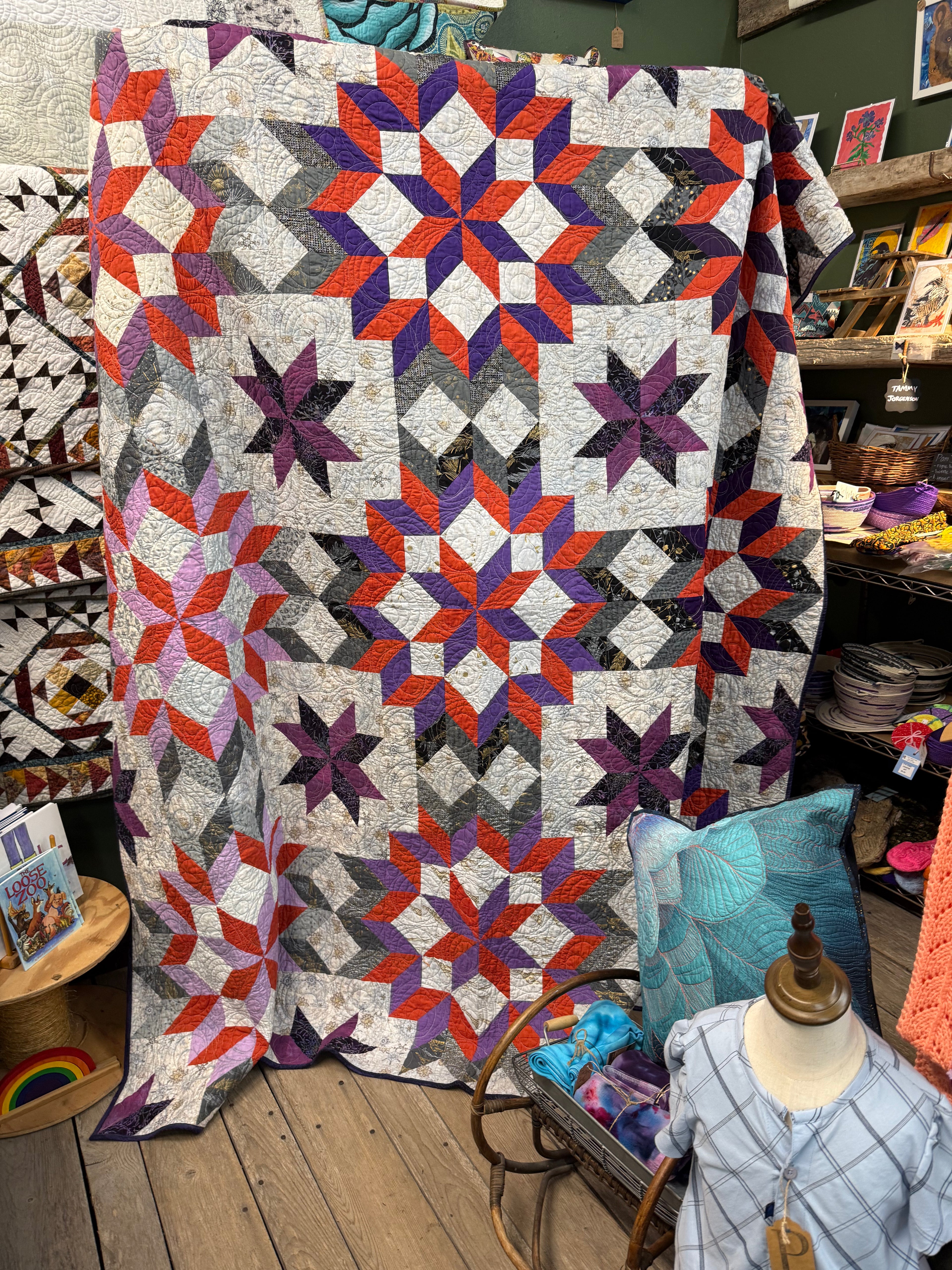 “Purple & Gold Carpenter Star” Quilt 90” x 90”