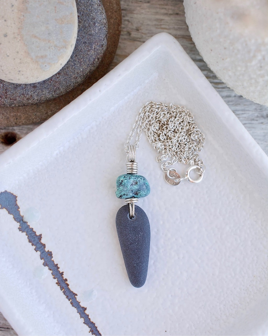 #274 Necklace - Clam Gulch w Turquoise on Argentium hanger - 18” Sterling silver chain