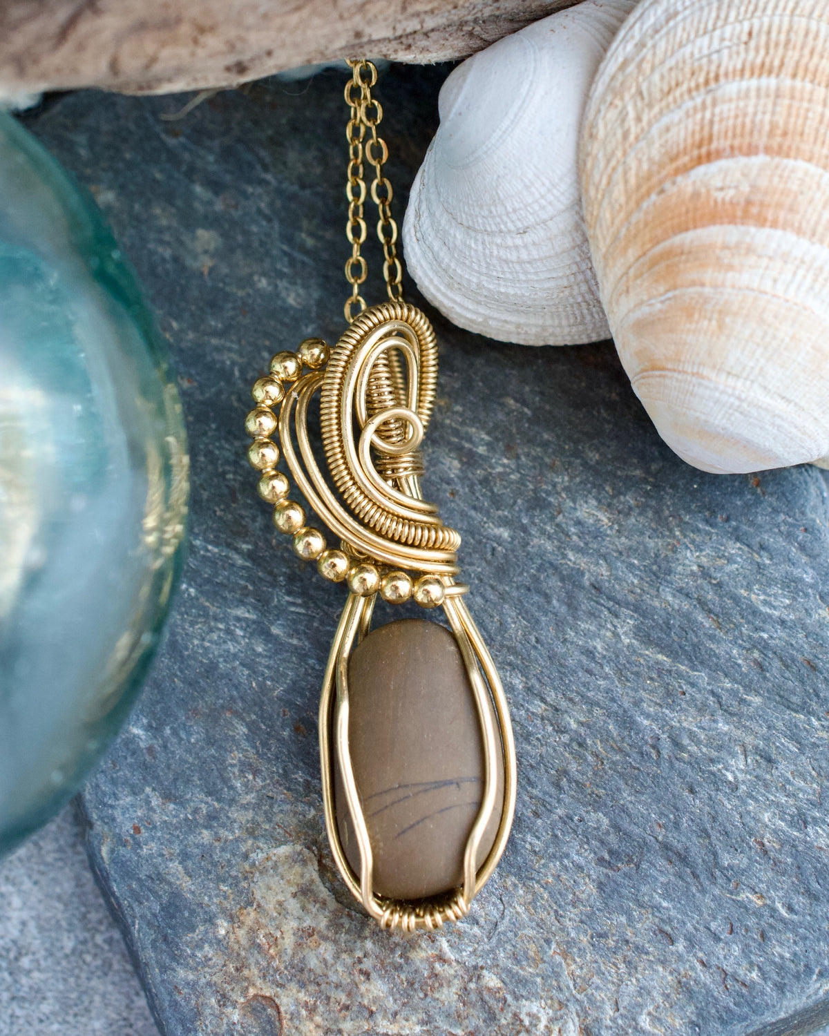 #304 Necklace - Kasilof Brown stone brass wire wrap w/ beads. 18”