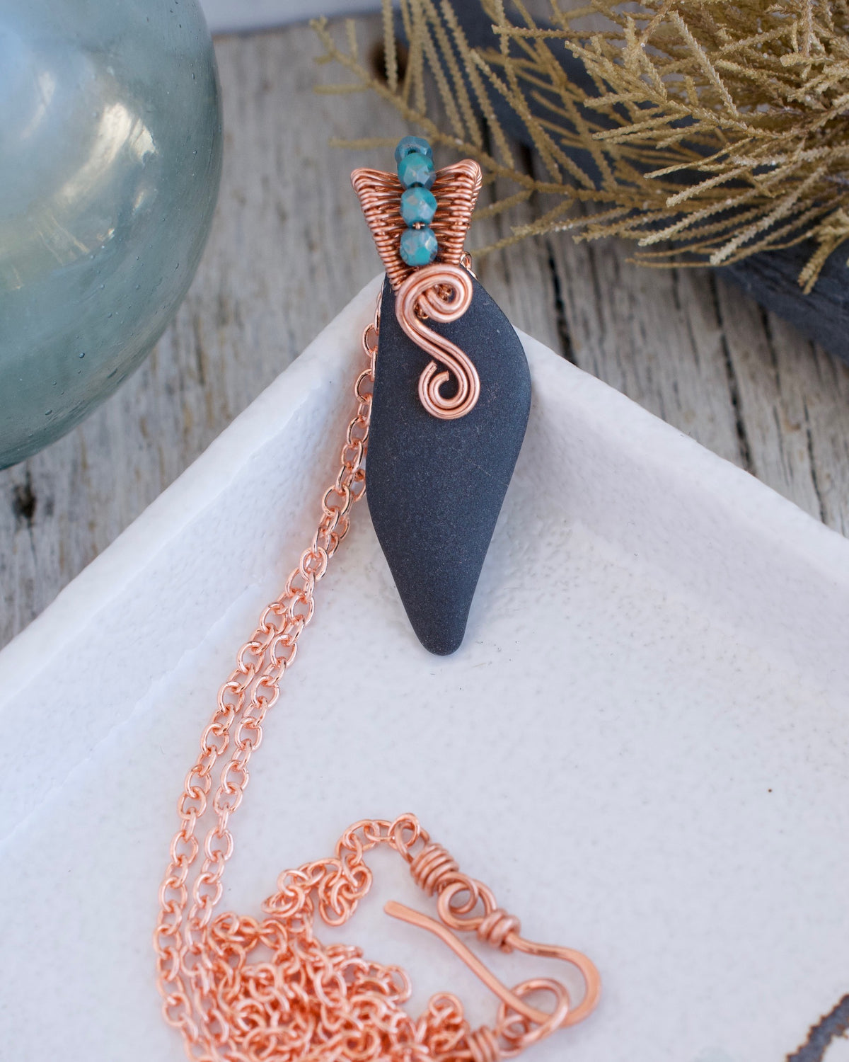 #310 Necklace - Kasilof stone w/ teal glass on copper bail - 18”