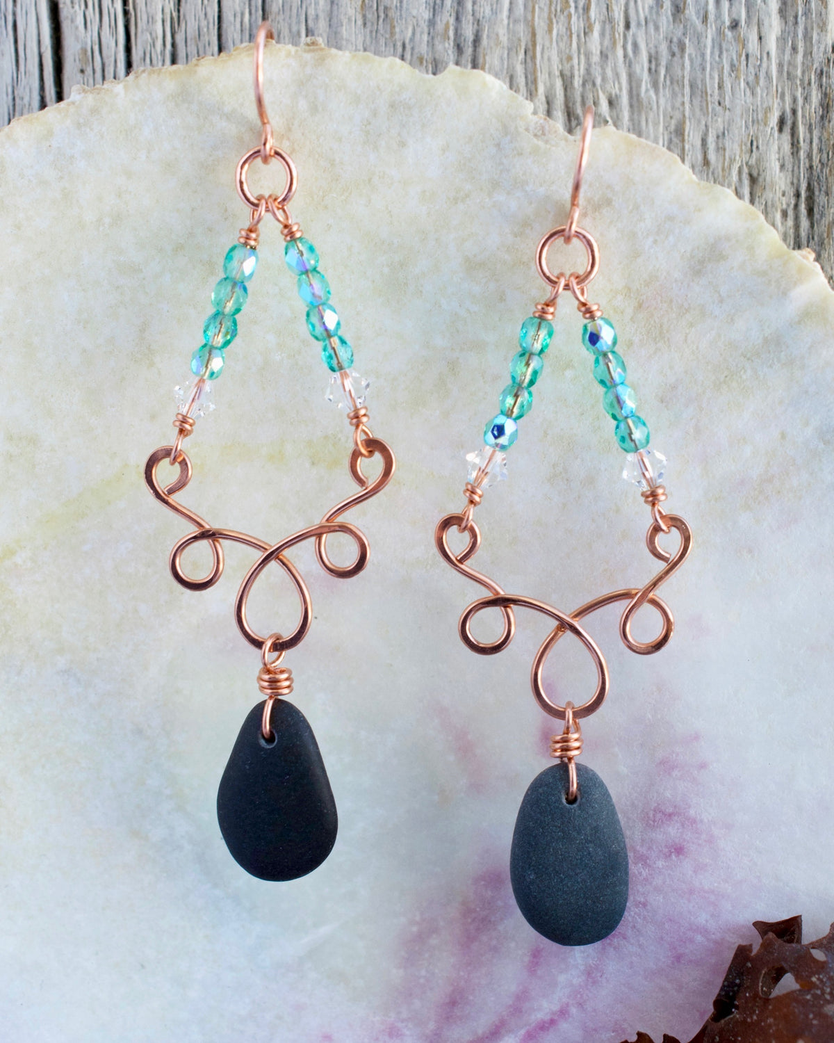 #325 Earrings - Kasilof Stones on copper loops with Swarovski & Teal Glass, copper ear wires