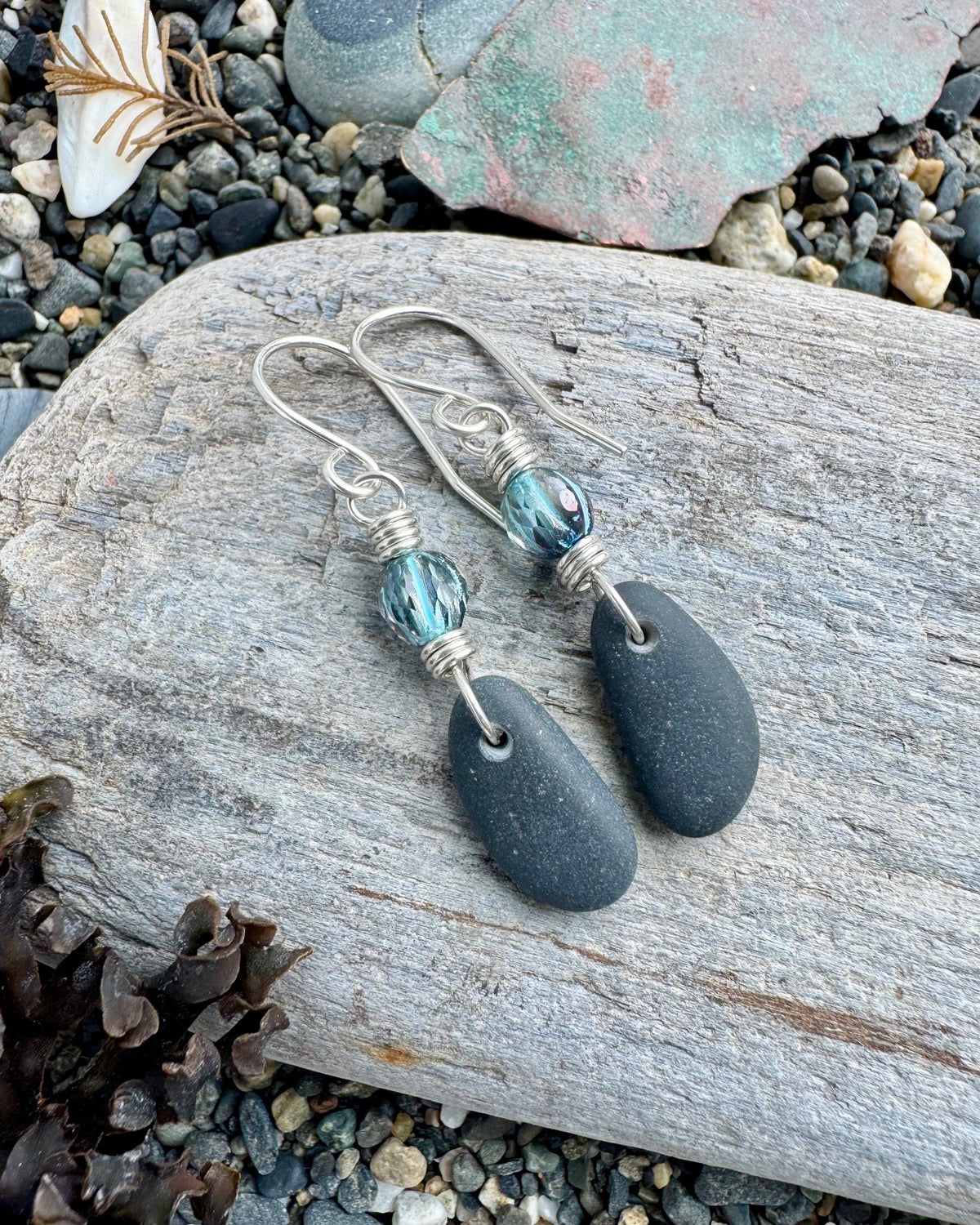 #367 Earrings - Clam Gulch  Stones on Argentium silver w/ facets blue glass