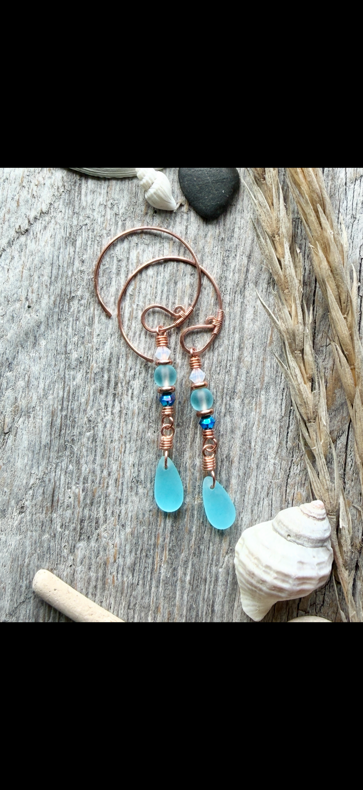 #1370 Circle Copper Ear Wires w/ Aqua drops & Swarovski