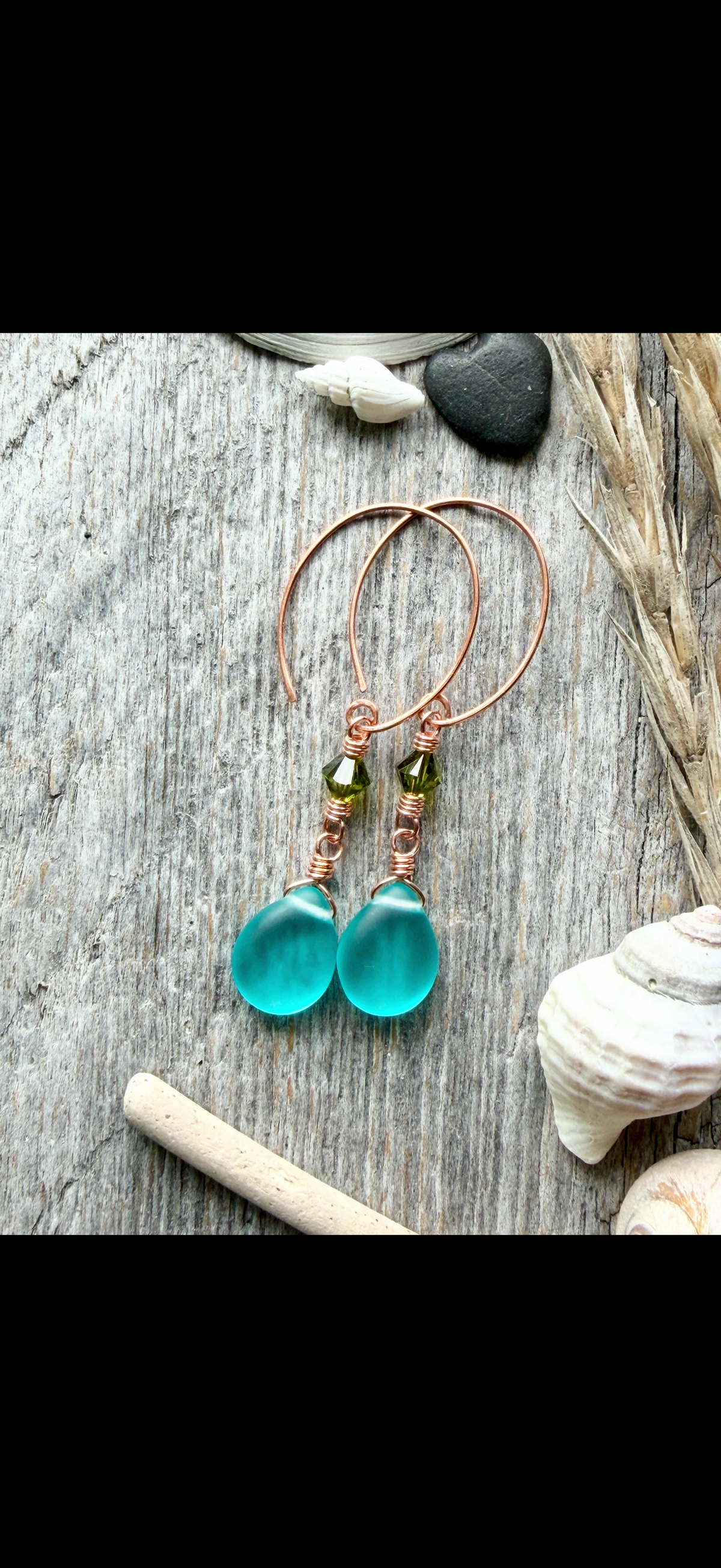 #1371 Copper Ear Wires w/ Olive Swarovski & Teal Frosted Drops