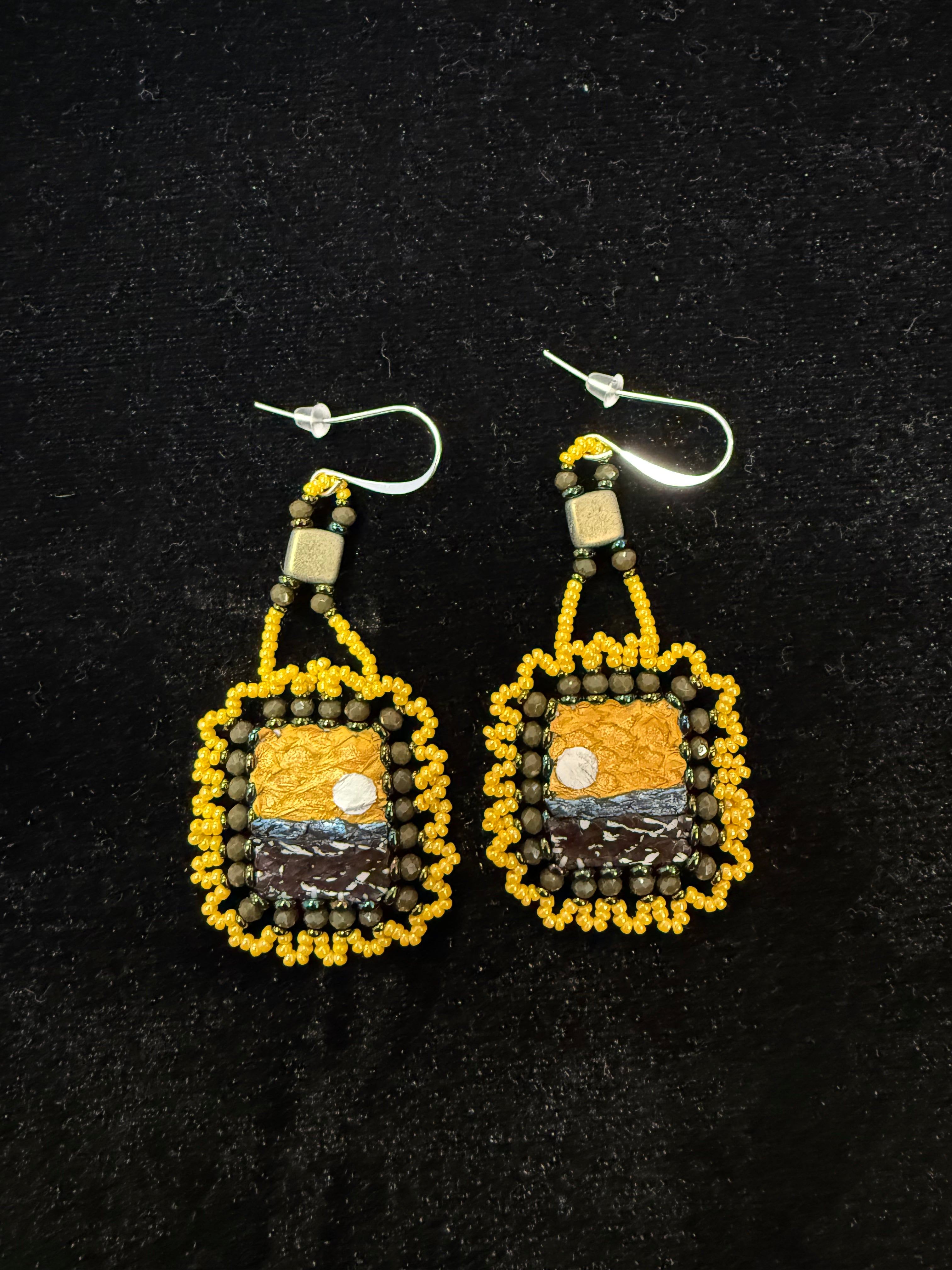 Salmon Leather Dangle Earrings with hand beading