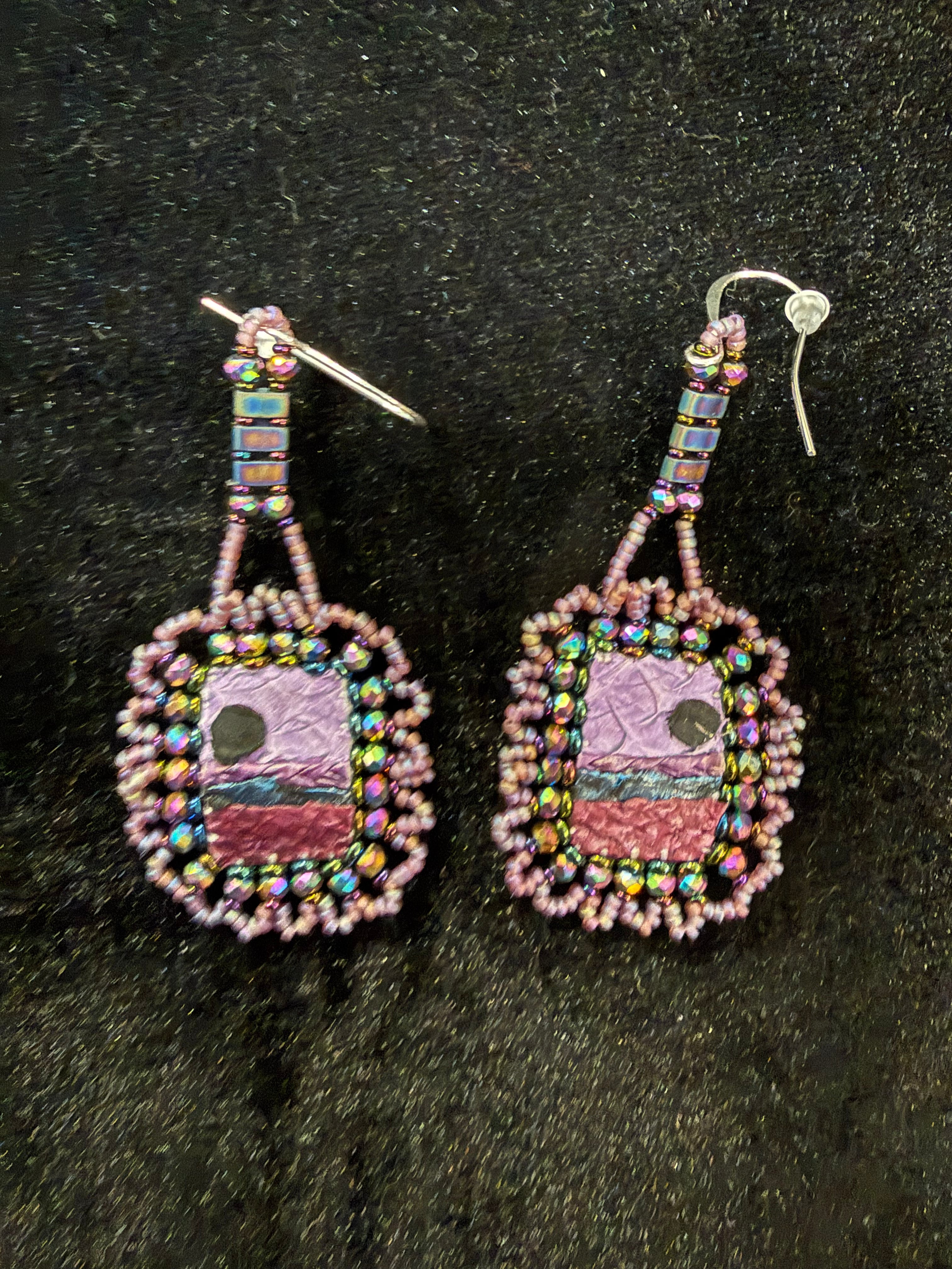 Salmon Leather Dangle Earrings with hand beading