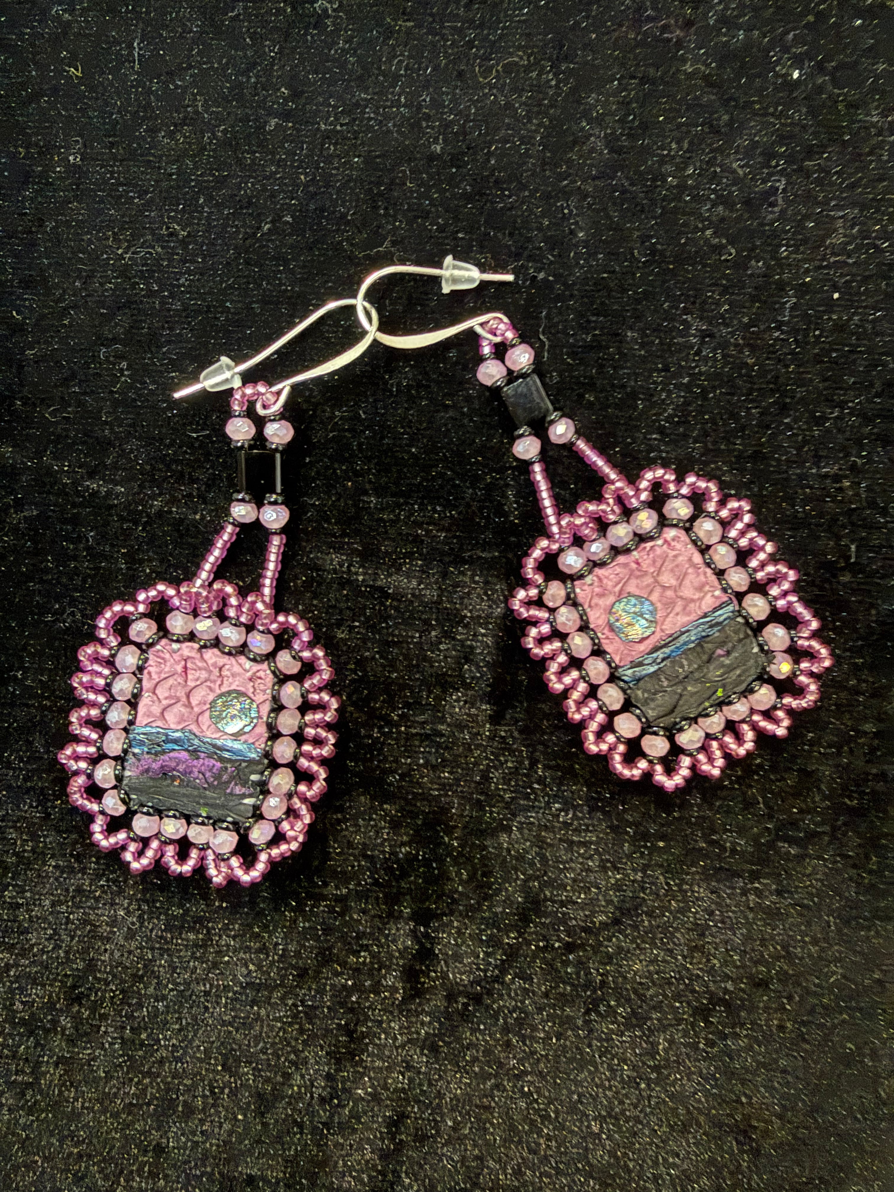 Salmon Leather Dangle Earrings with hand beading