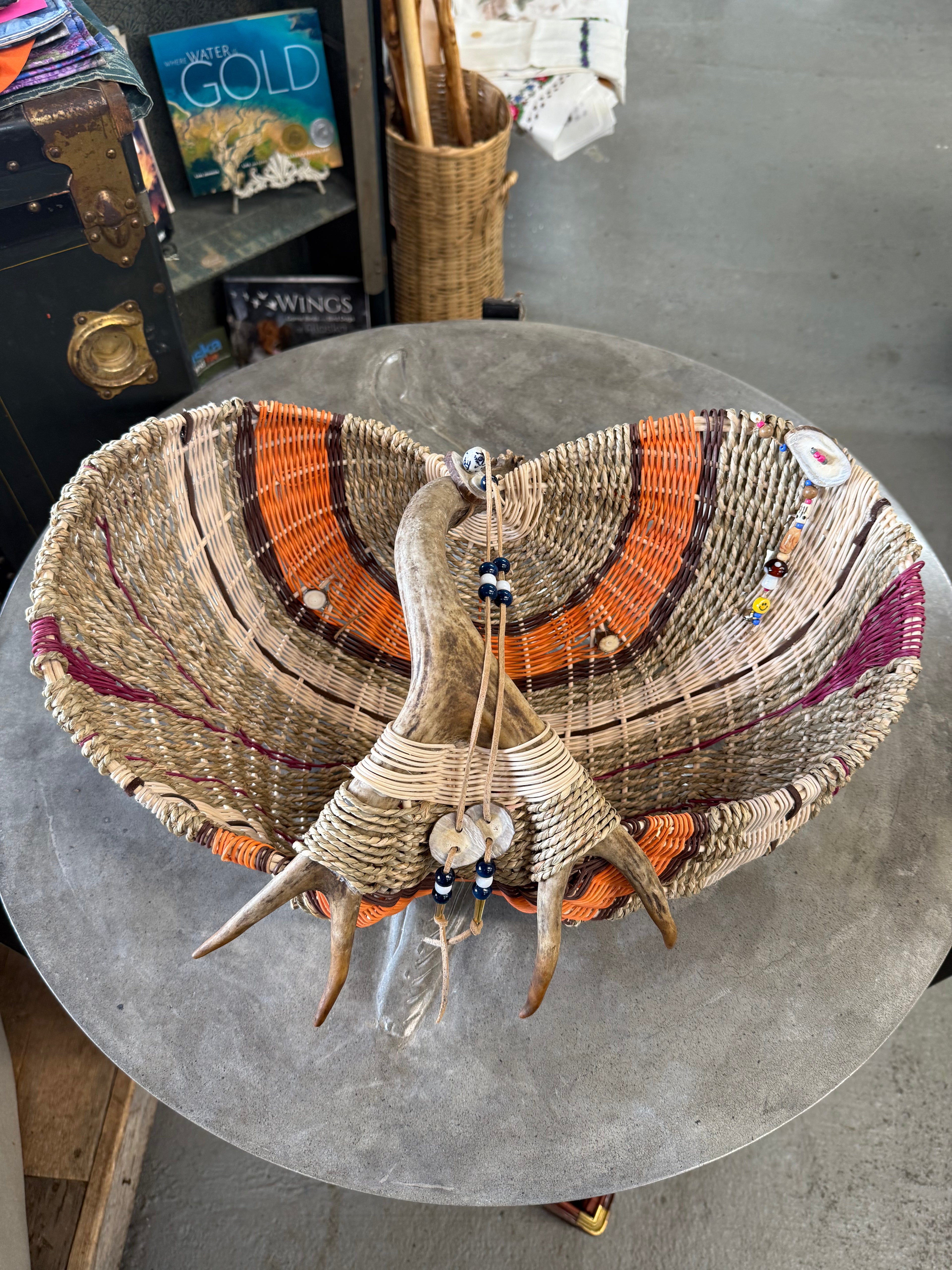 Hand Woven Basket with Moose Antler