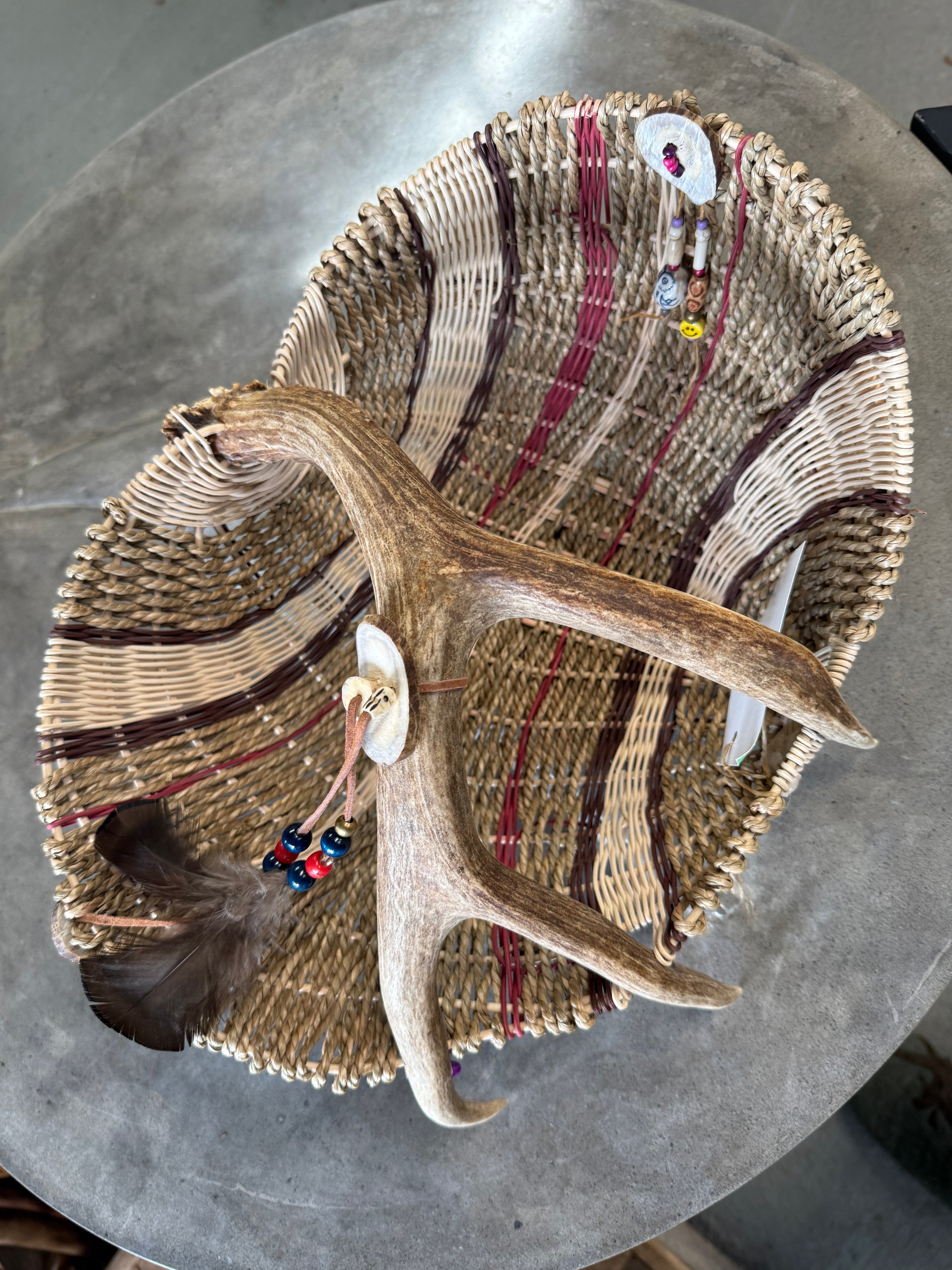 Hand Woven Basket with Moose Antler